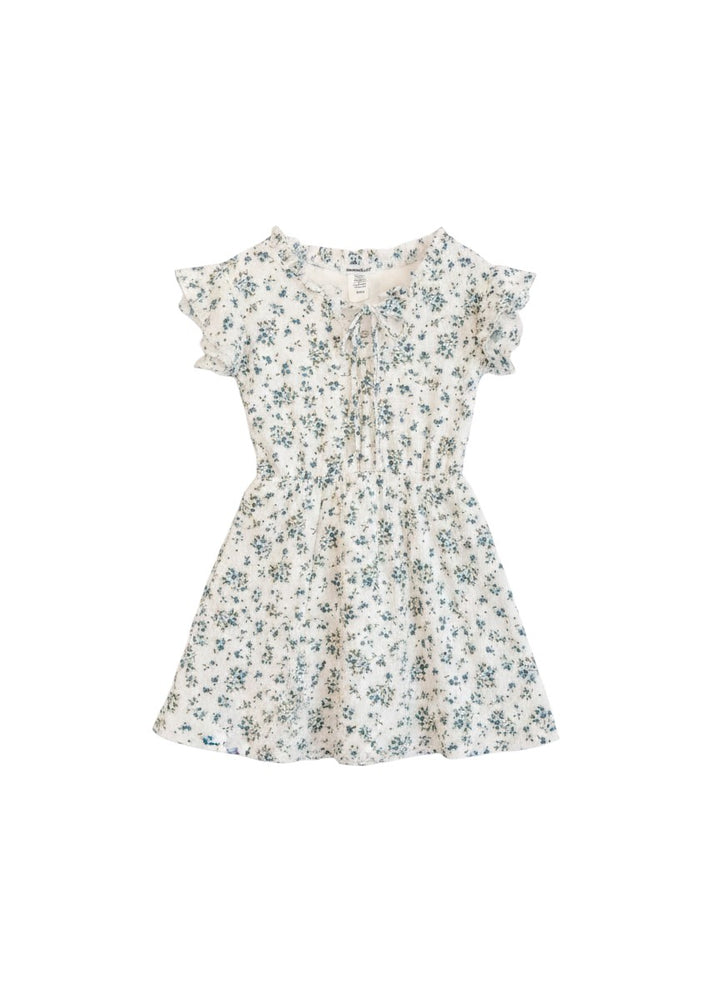 Vann &amp; Liv white dress with blue floral print, ruffle neckline, tie front, and flutter sleeves. Perfect for girls size 7-14.