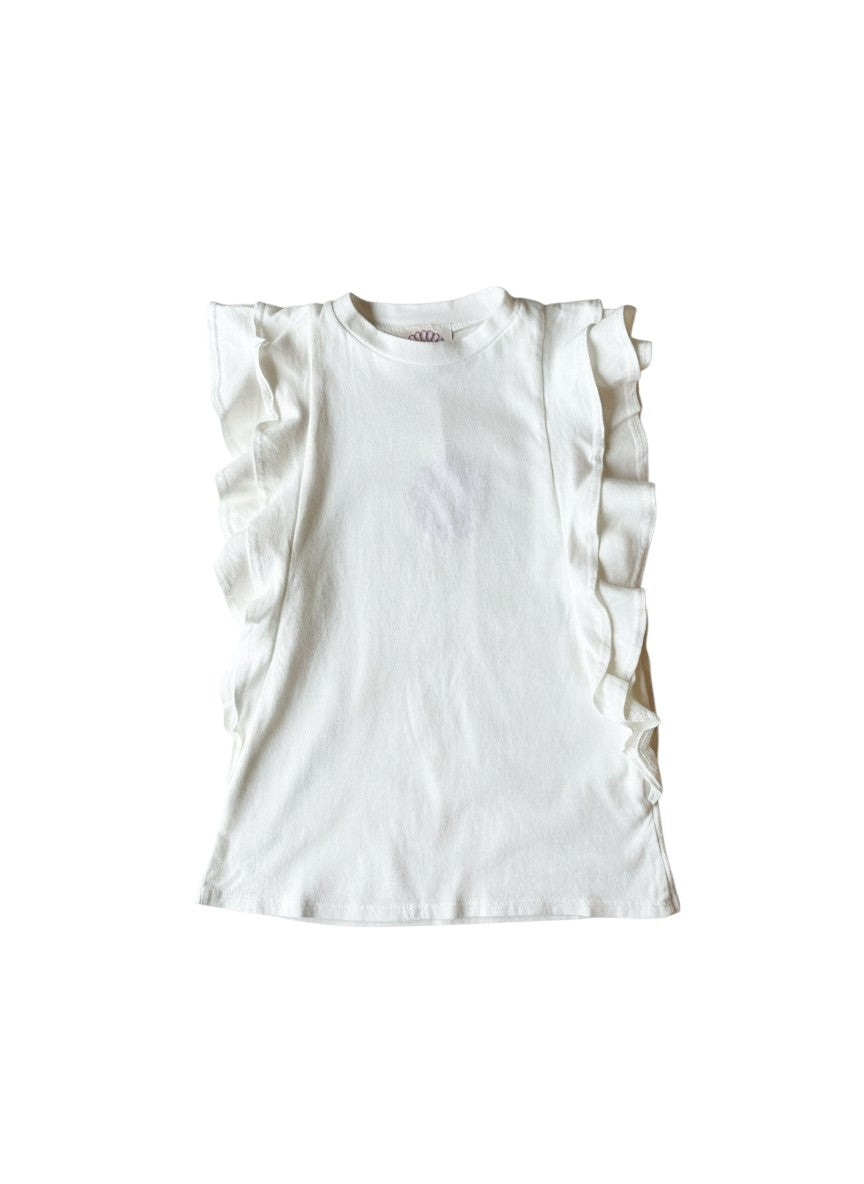 Vann & Liv white jersey tank top with double ruffle cap sleeves and a crew neck.