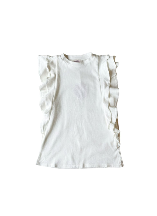Vann & Liv white jersey tank top with double ruffle cap sleeves and a crew neck.