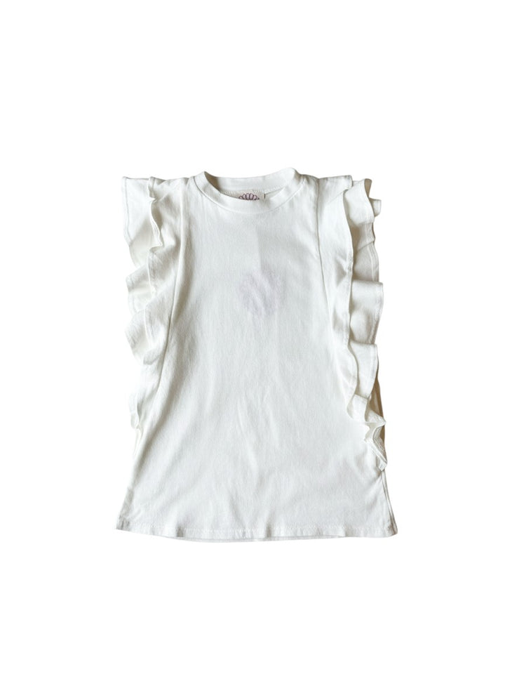 Vann &amp; Liv white jersey tank top with double ruffle cap sleeves and a crew neck.